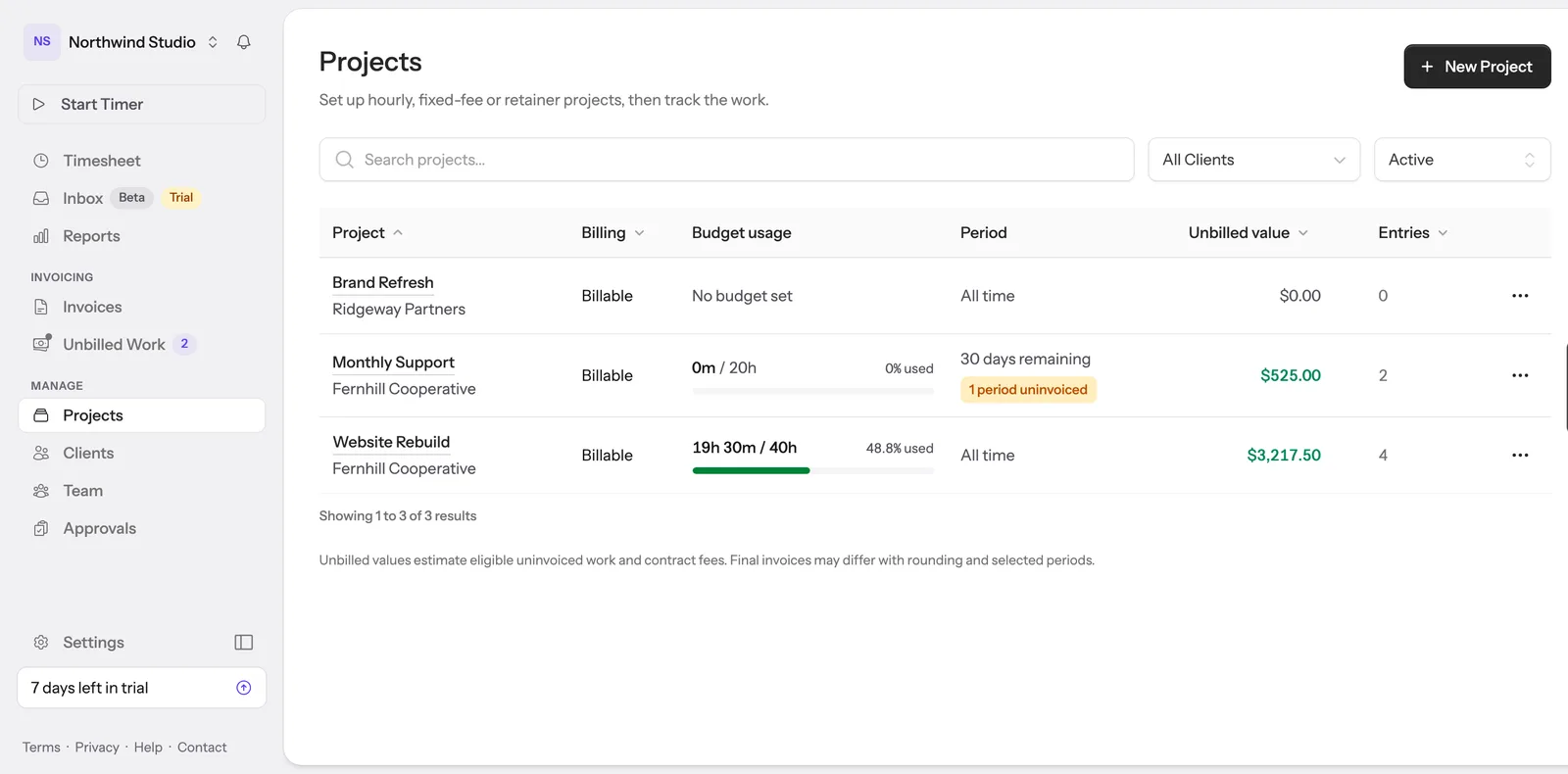 The Hour Cap projects list, with a budget bar on each project