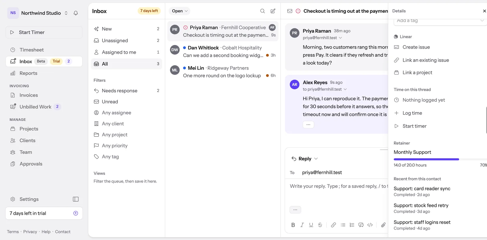 A conversation in the Hour Cap inbox, with the client's retainer balance and a timer beside the reply