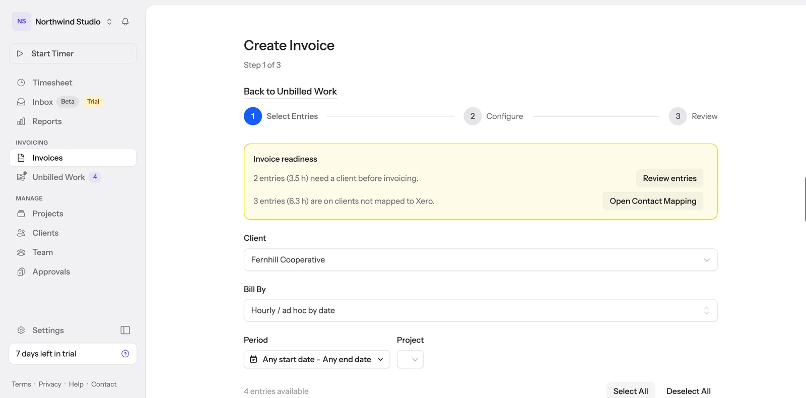 Creating an invoice in Hour Cap, with the client's unbilled entries selected