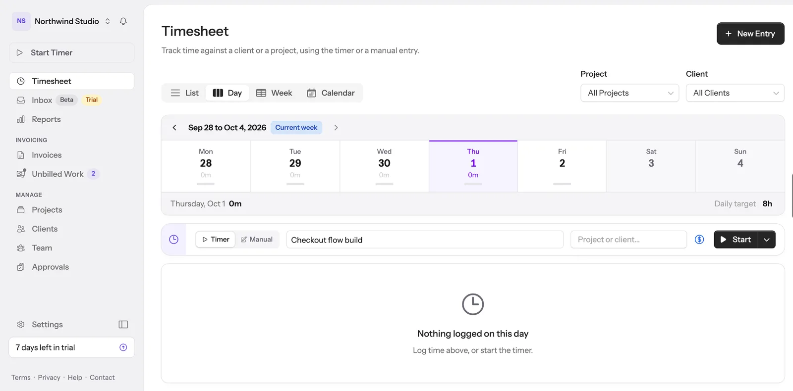 The Hour Cap timesheet, with a timer running against a described task