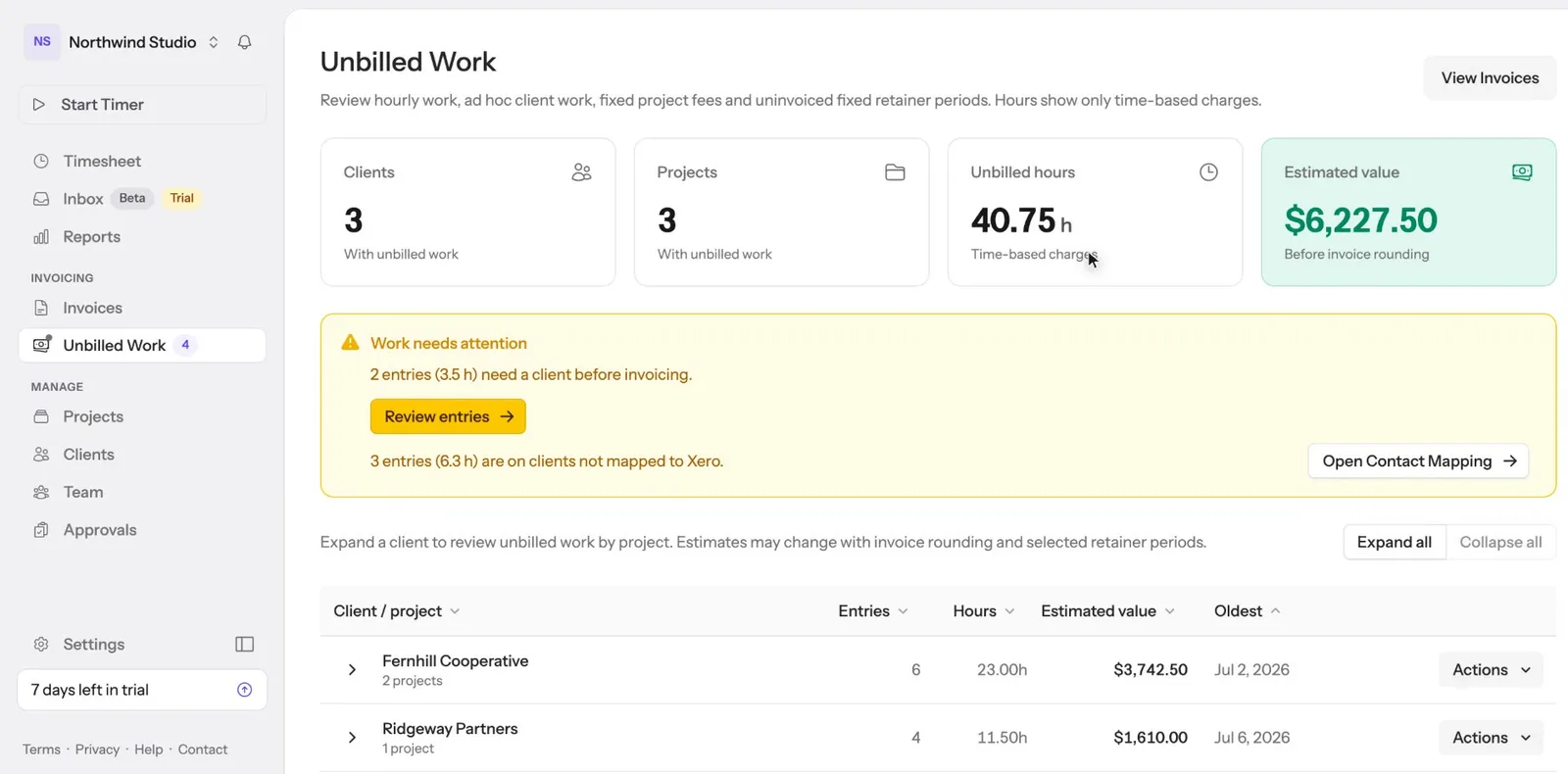 Hour Cap's Unbilled Work screen, listing each client with unbilled hours and their value